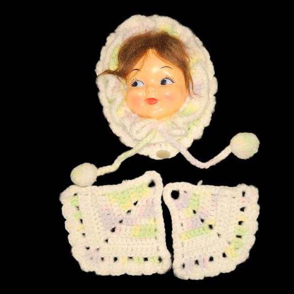 Vintage Crochet Doll Potholder Set Plastic Head Kitchen Decor Lt Green & White - Picture 3 of 3